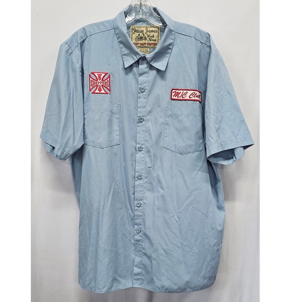 Jesse James West Coast Choppers Work Shirt Mens Large Blue Biker MC Club Patch